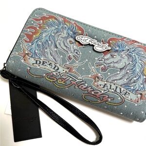 Ed Hardy Denim Rhinestone Wristlet Wallet Horses Dead Alive Y2K Zip